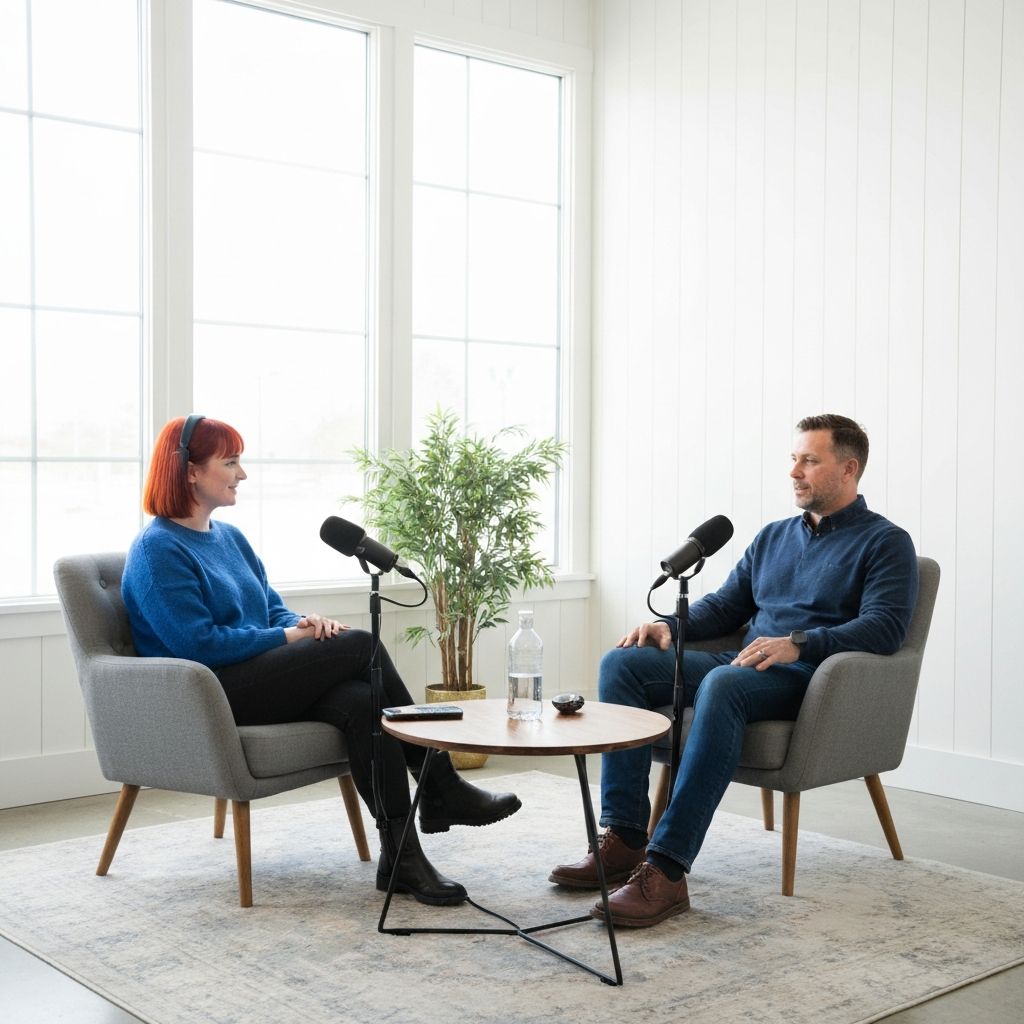 Professional podcast interview in modern studio